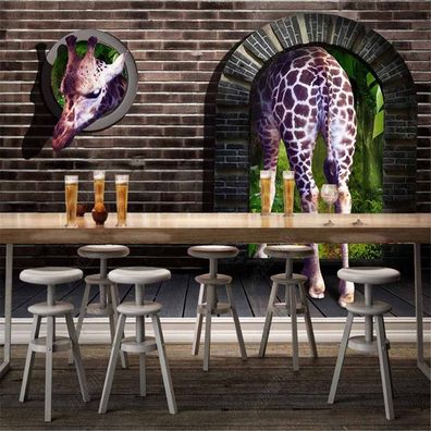 Vlies Fototapete Wandtapete Wandbilder 3D Giraffe Retro Backsteinmauer 12153
