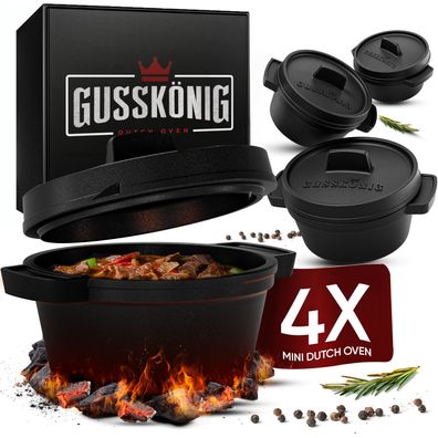 Dutch Oven Set Mini - 4x 300ml Gusseisen Mini Topf mit Deckel - bereits eingebrannter