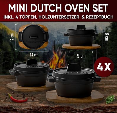Dutch Oven Set Mini mit Holz-Untersetzer - 4x 300ml Gusseisen Mini Topf mit Deckel