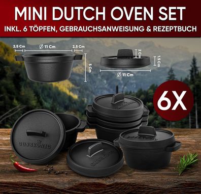 Dutch Oven Set Mini - 6x 300ml Gusseisen Mini Topf mit Deckel - bereits eingebrannter