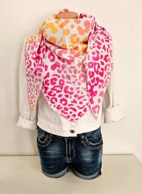 Trend leichtes Musselin Dreieckstuch Baumwolle Schal Weiß mit buntem Animalprint