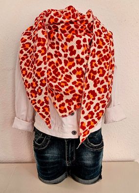 Trend leichtes Musselin Dreieckstuch Baumwolle Schal Beige mit buntem Animalprint