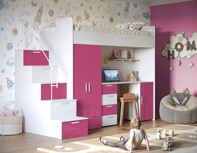 Hochbett mit Schreibtisch MAJA 4S - Schrank, Regale in den Treppen, Glanz, Matt