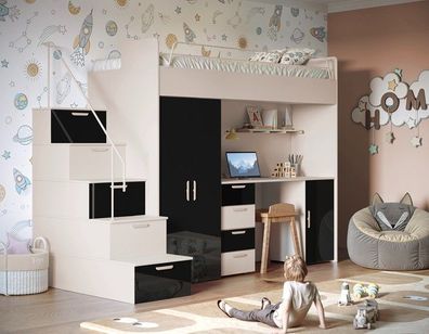 Hochbett mit Schreibtisch TOMI 4S - Schrank, Regale in den Treppen, lanz, Matt