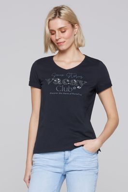 SOCCX T-Shirt mit V-Ausschnitt und Pailletten-Artwork in Deep Sea