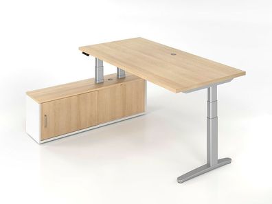 Büro Schreibtisch Stehtisch höhenverstellbar 160x80 cm m. Sideboard mit Memory-Sch