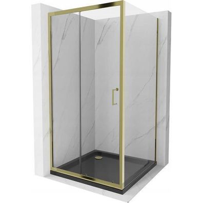 Mexen Apia Duschabtrennung 90x90cm Gold + Flat Duschwanne Schwarz, Universal