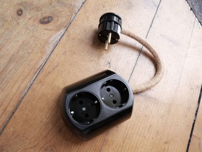 Steckdosenleiste 2fach mit kurzem Textilien Uta Kabel - Altmodish - Schwarz 250V 16A