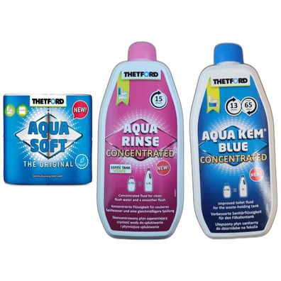 29,91EUR/1l Thetford Aqua Soft 4 Rollen+Rinse Konzentrat 750ml+Kem Blue 780ml