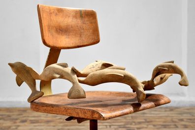 Skulptur sieben Delfine Groß Alt geschnitzt Antik Vintage 62cm Holz Deko Maritim