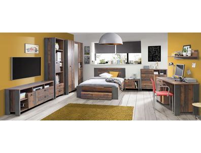 Jugendzimmer Cedric 60 Old Wood Vintage 8-teilig Schlafzimmer Bett