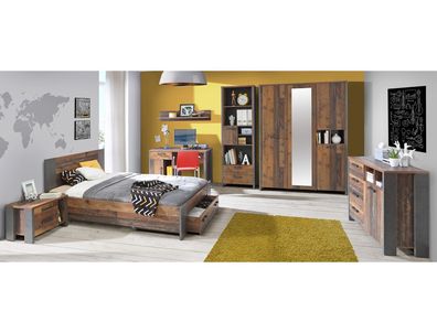 Jugendzimmer Cedric 61 Old Wood Vintage 7-teilig Schlafzimmer Bett Nako