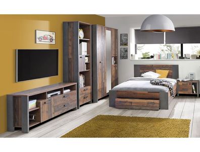 Jugendzimmer Cedric 65 Old Wood Vintage 5-teilig Schlafzimmer Bett