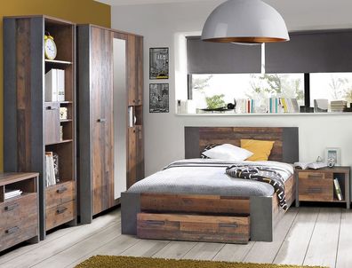 Jugendzimmer Cedric 66 Old Wood Vintage 4-teilig Schlafzimmer Bett
