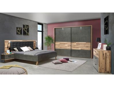 Schlafzimmer Richard 6 Stabeiche 3-teilig Bett Schrank Kommode LED