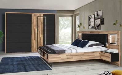 Schlafzimmer Samu 11 Stabeiche Schwarzeiche 2-teilig Bett Schrank LED