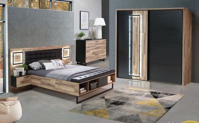 Schlafzimmer Samu 12 Stabeiche Schwarzeiche 3-teilig Bett Schrank LED