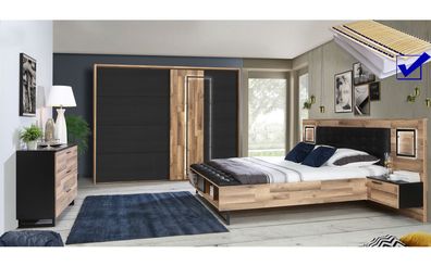 Schlafzimmer Samu 10 Stabeiche Schwarzeiche 7-teilig Rost Matratze LED