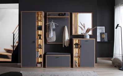Garderobe Liam 20 Royal grey Balkeneiche Nb. 5-tlg Garderobenset LED