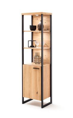 Regalschrank Silvio 4 Balkeneiche Bianco teilmassiv 50x186x38 cm LED