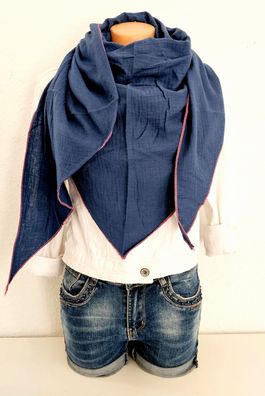 Italy XXL Dreieckstuch Schal Tuch Musselin 100% Baumwolle bunter Rand Marineblau