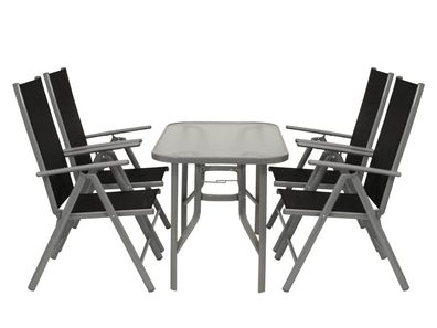 Garnitur 5-teilig (4 Klappsessel 1 Tisch) Aluminium Kunstgewebe Glas