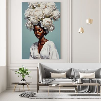 Elegante Frau, Blumen auf dem Kopf, Kunst Wandbild Poster, Leinwand oder Acrylglas