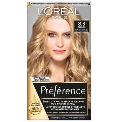 L'Oreal Paris Preference Ammoniakfreie Haarfarbe 8.3 Cannes - Goldblond - Mit UV