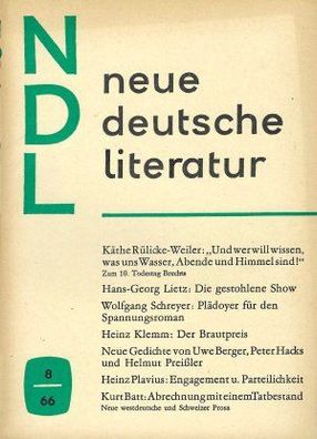 Neue Deutsche Literatur ndl 8-1966 Aufbau Verlag