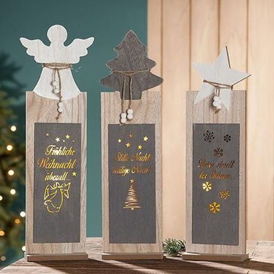 Gilde MDF 6-LED Ständ. Weihnachtslied natur/grau/creme, für 2xAAA Batterien cm