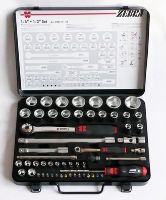 Würth Zebra Steckschlüssel 1/4 + 1/2 Zoll Sortiment 6-kant 56 Teile in Metallkassette