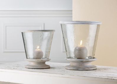 Gilde Glas Windlicht konisch+Holzbase mit Holzring Breite 25 cm Höhe 27 cm 48208