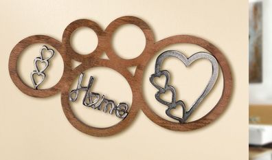 Gilde Wandrelief "Home" aus Mangoholz, mit Applikationen aus Aluminium und Metallh