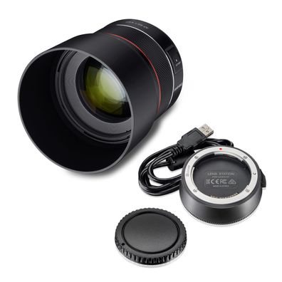 Samyang Set Teleobjektiv 8009 AF 85mm F1.4 EF Canon Portrait mit Lens Station