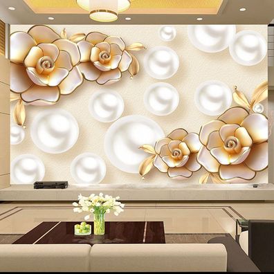 Vlies Fototapete Wandtapete Wandbilder Dekorativ Gold Diamant Blumen 1178