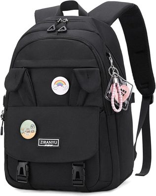 Schwarzer Damen Schulrucksack Mädchen Teenager Laptop-Rucksack 15,6 Zoll