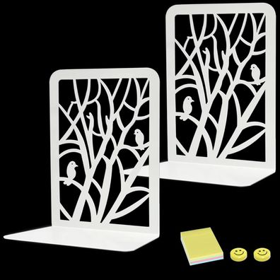 Qualsen Bücherstütze Metall Baum Vogel Design weiß 1 Paar - Bücherhalter Regal