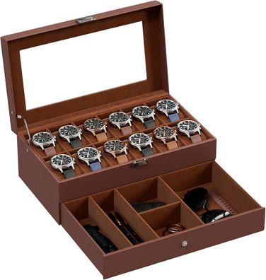 Uhrenbox für 12 Uhren-Glasdeckel 2 Ebenen Espresso Uhrenkoffer