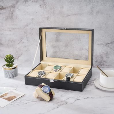 Uhrenbox für 12 Uhren mit Glasdeckel Samtfutter schwarz PU-Leder