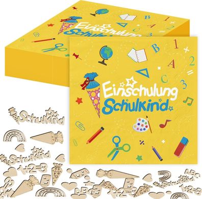Einschulung Deko Set 100-teilig Mädchen Jungen Tischdeko Servietten Holz