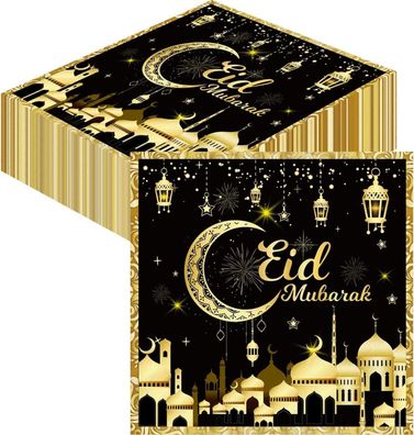 80 Eid Mubarak Servietten Schwarz Gold 33x33cm Ramadan Deko