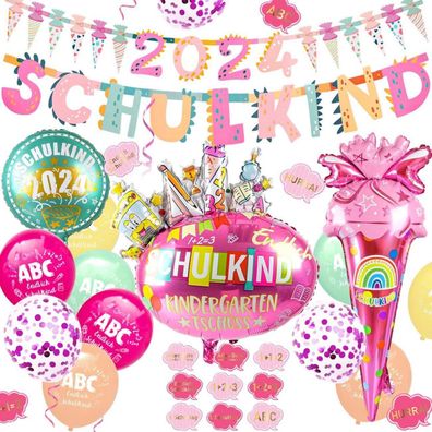 Einschulung Deko Mädchen 2024 Luftballon Girlande Zuckertüten Folienballon