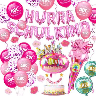 iZoeL Mädchen Einschulung Deko Set Girlande 2024 Luftballon Zuckertüte Konfetti