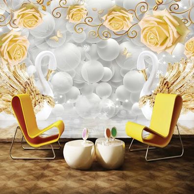 Vlies Fototapete Wandtapete Wandbilder 3D Goldenen Schwan Flügel Gelb Rosen 1275