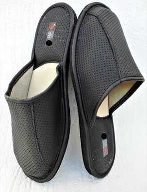 Hausschuhe Latschen Pantolette Gr.43 Echt LEDER, Schwarz (257)
