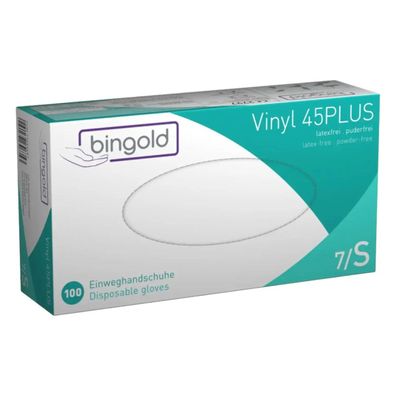Bingold Vinyl 45PLUS Einweghandschuhe Transparent puderfrei 100 Stück