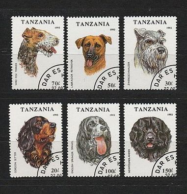 6 verschiedene Hunde (Setter, Spaniel, Zwergschnauzer, Labrador u.a.) gestempelt