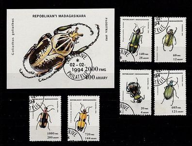 Motiv Madagaskar - 6 verschiedene Käfer und gr. Block - gestempelt