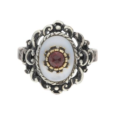 JuwelmaLux Trachten Damenring 925/000 Silber, Perlmutt, Granat, geschwärzt