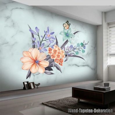 Vlies Fototapete Wandtapete Wandbilder Blumen und Schmetterlingen im Marmor 9114